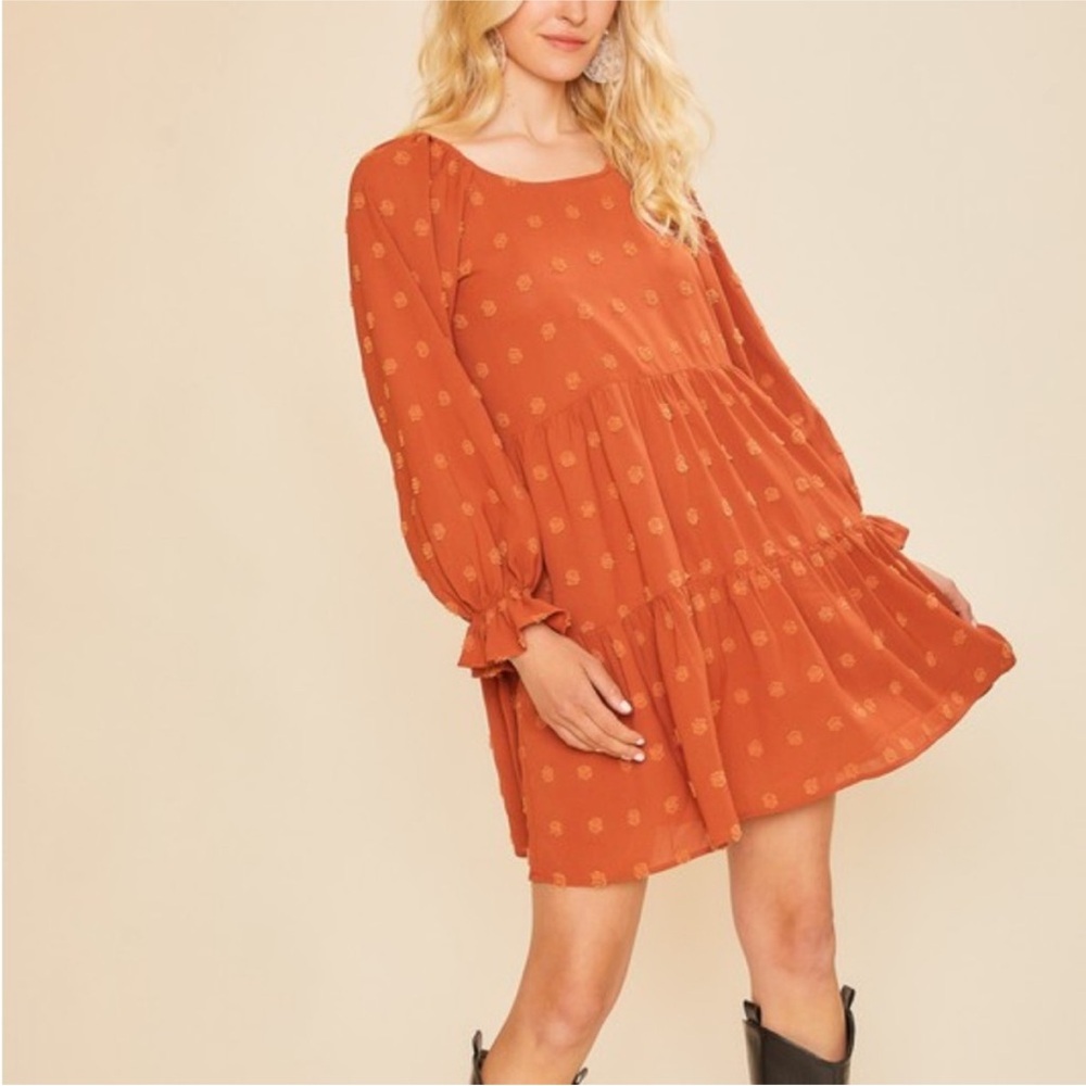 NWT - Rust Orange Long Sleeve Boho Swiss Dot Fall Dress